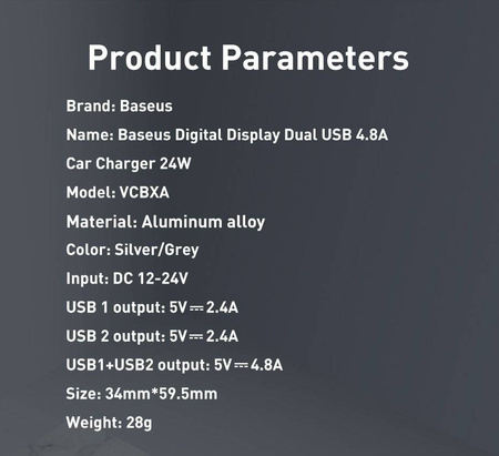 Ładowarka samochodowa Baseus 2x USB z LCD (Szara)