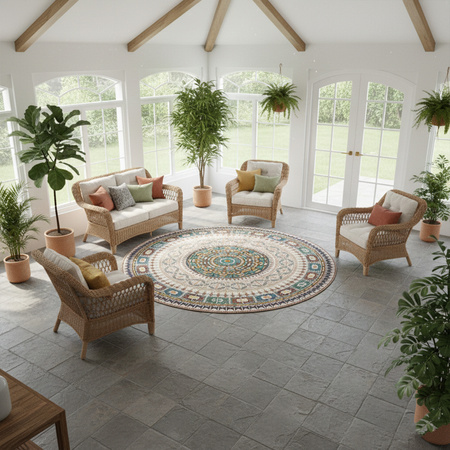 Dywan okrągły NOVO Strado nowoczesny beżowy deliktany wzór do salonu Orientalny 140x140 cm