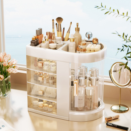 Organizer Maya clear casket for cosmetics and jewelry 4 drawers rotating lid elegant design