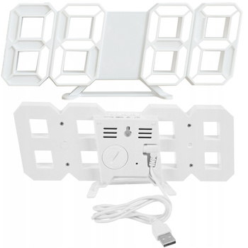 4w1 Zegar cyfrowy LED 3D ścienny stojący budzik termometr data alarm, biały