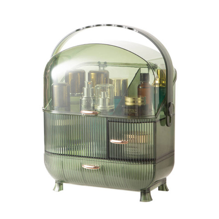 Multilevel green casket organizer Strado for cosmetics and jewelry capacious lockable acrylic trunk