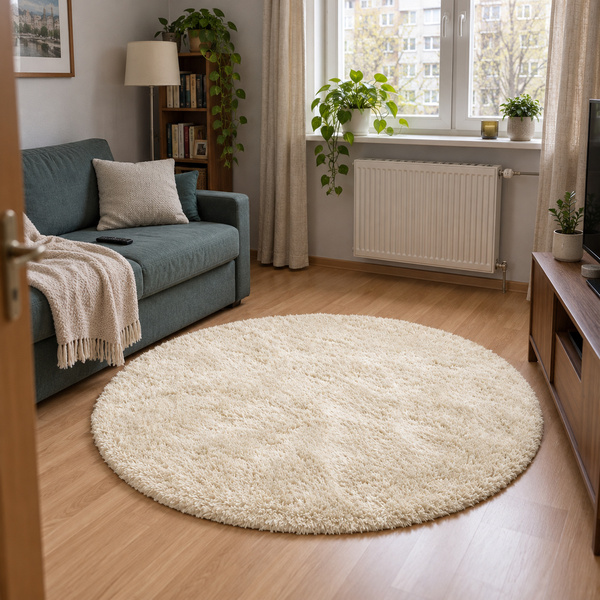 Dywan okrągły Shaggy 140x140 cm, beżowy - pluszowy, miękki do salonu i sypialni