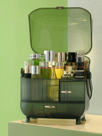 Multilevel green casket organizer Strado for cosmetics and jewelry capacious lockable acrylic trunk