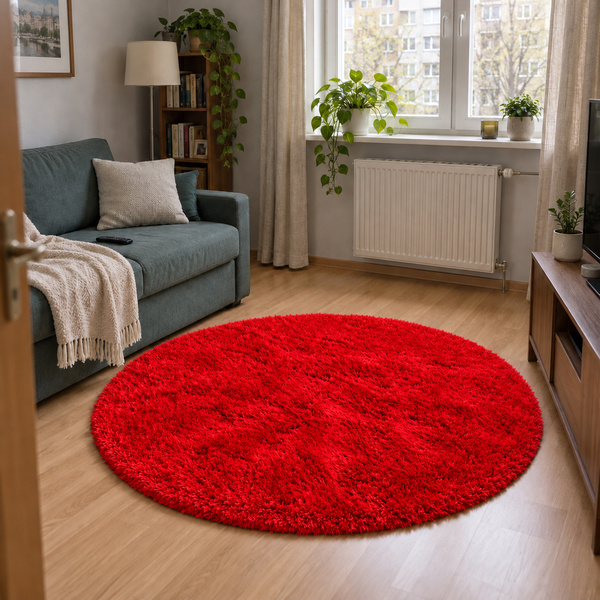 Dywan okrągły Shaggy 150x150 cm, jasny czerwony BloodyRed - pluszowy do salonu
