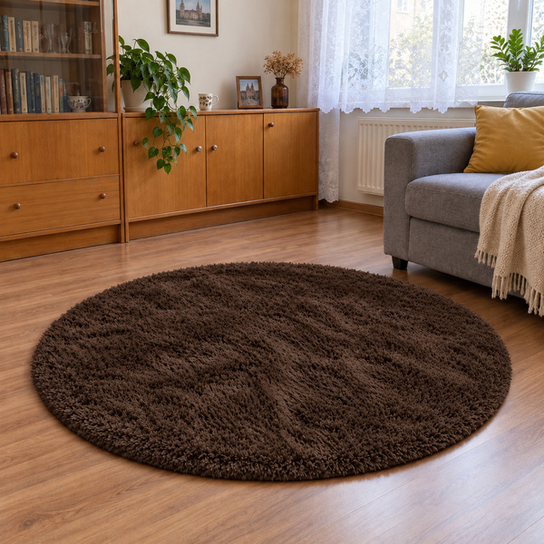 Dywan okrągły Shaggy 120x120 cm, ciemny brązowy DarkCoffee - pluszowy do salonu