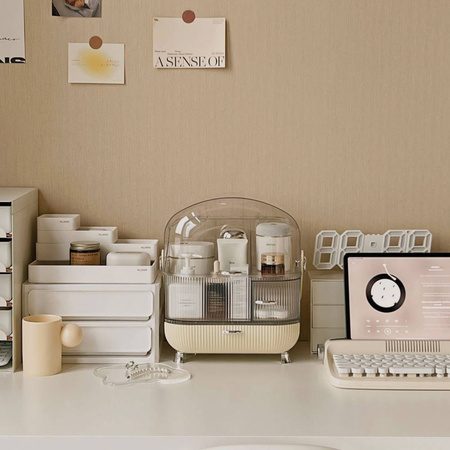 ORGANIZER Szkatułka kuferek na kosmetyki biżuterię kosmetyczka duża XXL, beżowy-przezroczysty