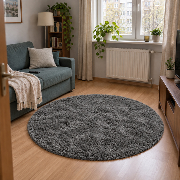 Dywan okrągły Shaggy 150x150 cm, ciemnosrebrny - pluszowy do salonu