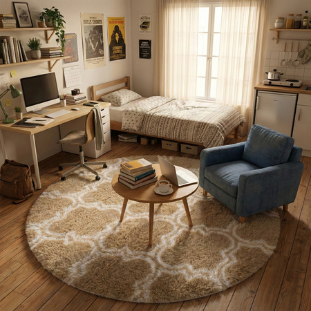 Dywan okrągły do salonu shaggy DECOR antypoślizgowy miękki puszysty 140x140, khaki