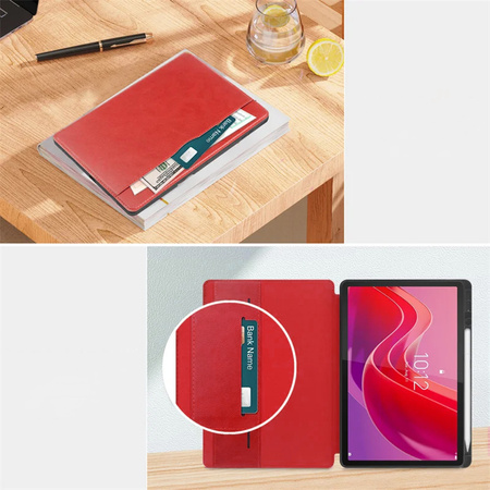 Puzdro kožené z vreckami na Lenovo Tab M11 10.95, červené - ochranné so stojanom, prístup k portom a tlačidlám