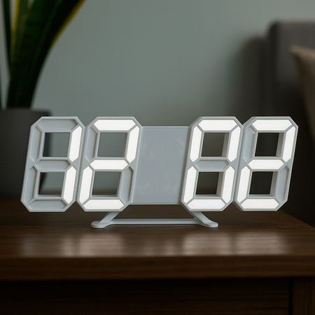4w1 Hodiny digitálny LED 3D nástenný stojaci budík teplomer dátum budík, biely
