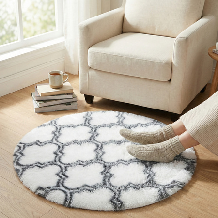 Dywan okrągły do salonu shaggy DECOR antypoślizgowy miękki puszysty 120x120, biały