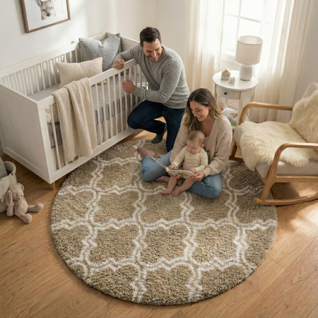 Dywan okrągły do salonu shaggy DECOR antypoślizgowy miękki puszysty 140x140, khaki