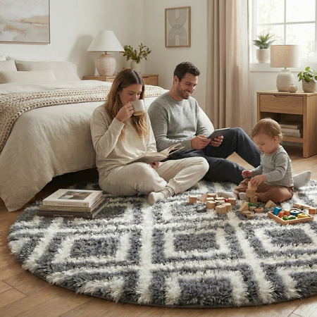 Dywan okrągły do salonu shaggy DECOR antypoślizgowy miękki puszysty 140x140 Black Cube