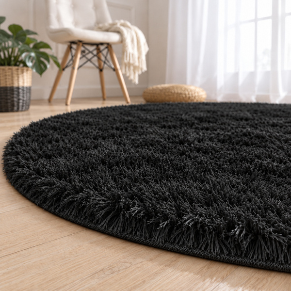 Dywan okrągły Shaggy 140x140 cm, czarny - pluszowy, miękki do salonu i sypialni