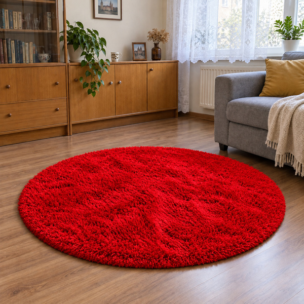 Dywan okrągły Shaggy 100x100 cm, jasny czerwony BloodyRed - pluszowy do salonu