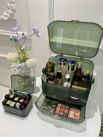 Multilevel green casket organizer Strado for cosmetics and jewelry capacious lockable acrylic trunk