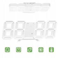 4w1 Hodiny digitálny LED 3D nástenný stojaci budík teplomer dátum budík, biely