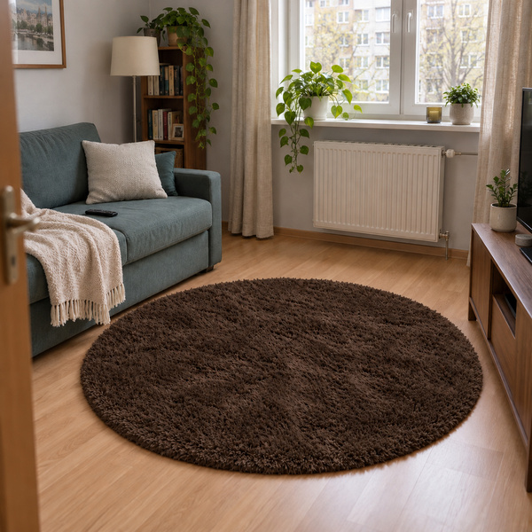 Dywan okrągły Shaggy 120x120 cm, ciemny brązowy DarkCoffee - pluszowy do salonu
