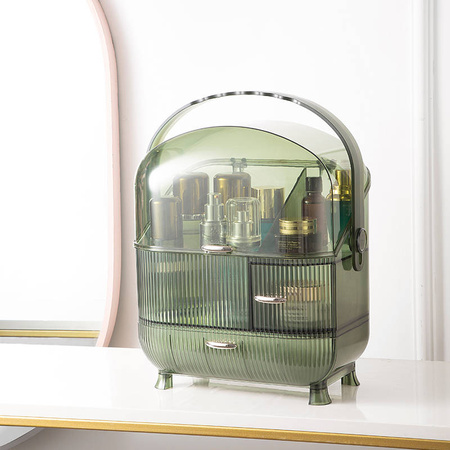 Multilevel green casket organizer Strado for cosmetics and jewelry capacious lockable acrylic trunk