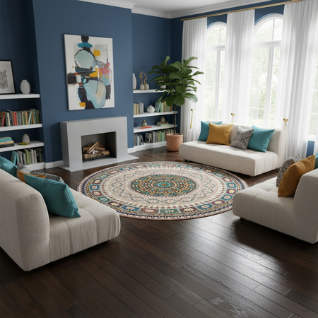 Dywan okrągły NOVO Strado nowoczesny beżowy deliktany wzór do salonu Orientalny 150x150 cm