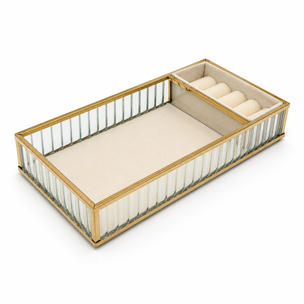 Szklana szkatułka na biżuterię 26x13x4cm organizer pudełko welurowa beżowa