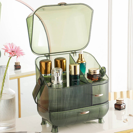 Multilevel green casket organizer Strado for cosmetics and jewelry capacious lockable acrylic trunk