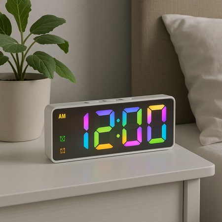 Budzik zegar elektroniczny cyfrowy LED 24h głośny alarm drzemka temp, biały