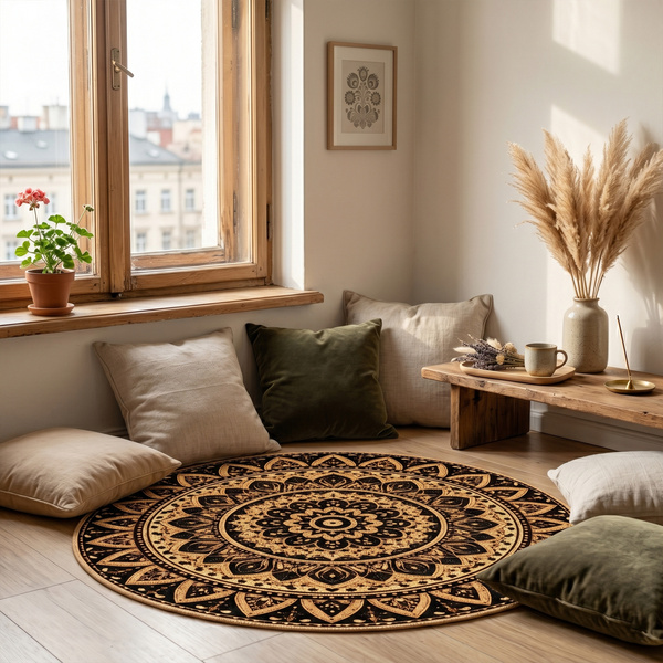 Dywan okrągły Mandala do salonu 200x200 orientalny NOVO antypoślizgowy