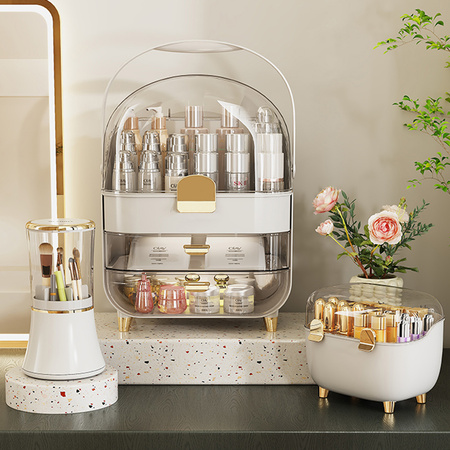 Large set of 3 ARIA acrylic cosmetic organizers with drawers multi-level white design