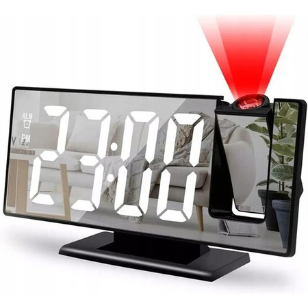 Elektroniczny Zegar LED cyfrowy z projektorem budzik termometr lustro 4w1, czarny
