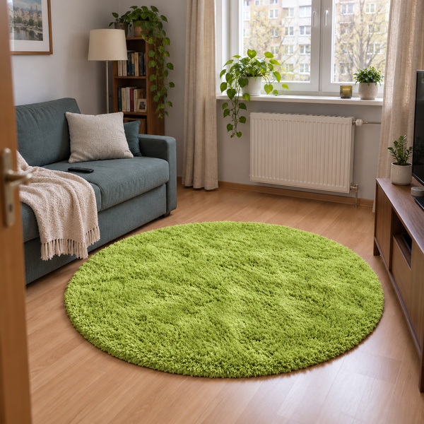 Okrúhly koberec Shaggy 120x120 cm, zelený - plyšový, mäkký do obývačky a spálne