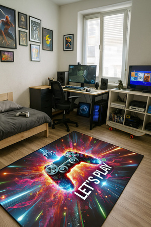 Koberec herný 3D LET'S Play 140x200 cm - moderný 3D vzor do izby hráča