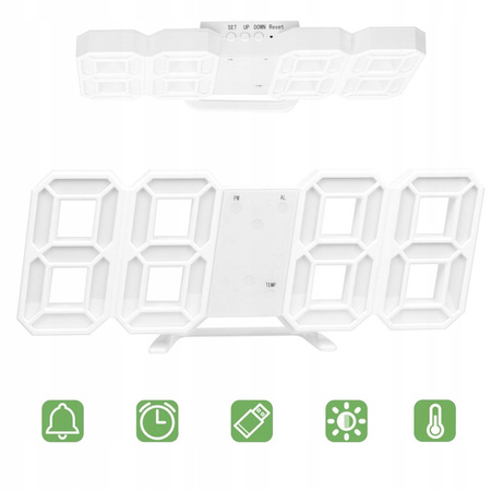4w1 Hodiny digitálny LED 3D nástenný stojaci budík teplomer dátum budík, biely
