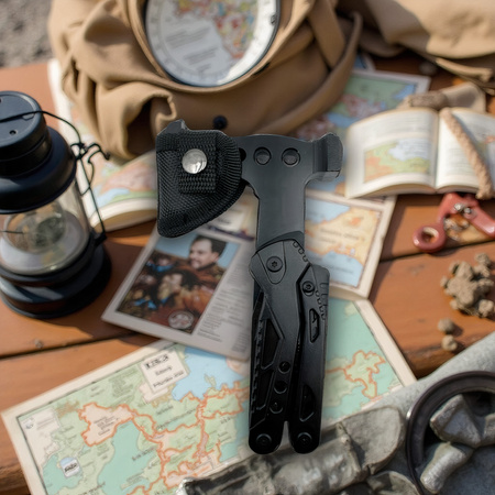 Wielofunkcyjny Multitool Narzędzie siekiera szczypce Survivalowy scyzoryk, czarny