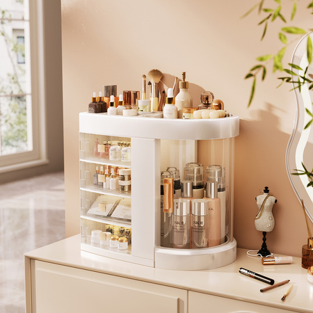 Organizer Maya clear casket for cosmetics and jewelry 4 drawers rotating lid elegant design