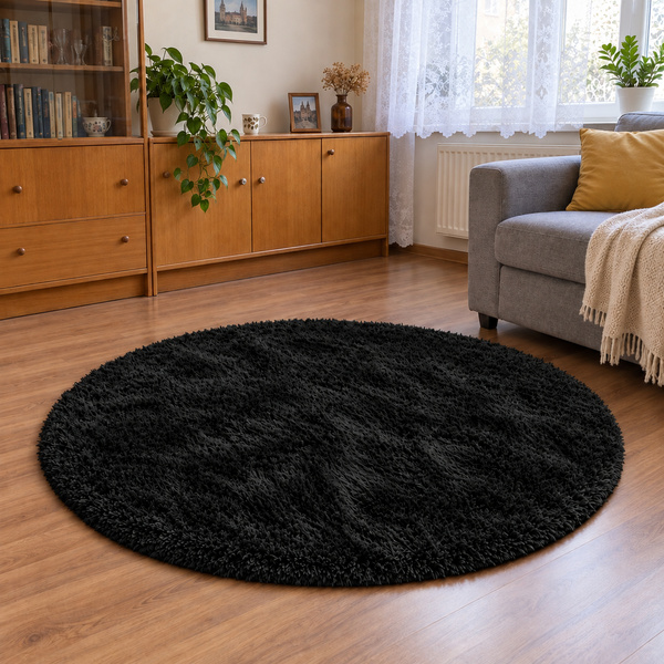 Dywan okrągły Shaggy 150x150 cm, czarny - pluszowy, miękki do salonu i sypialni