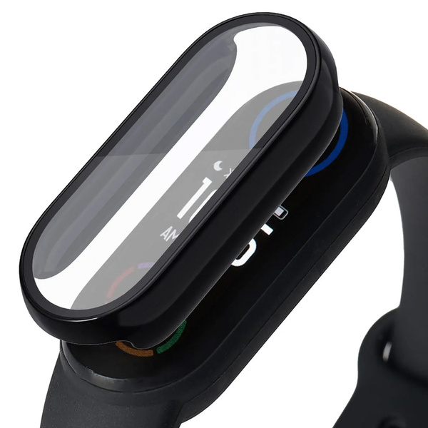 Etui 2w1 ze szkłem hartowanym do Xiaomi Mi Band 8, czarne - ochronne z podstawką, dostęp do portów i przycisków