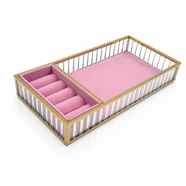 Szklana szkatułka na biżuterię 26x13x4cm organizer pudełko welurowa różowa