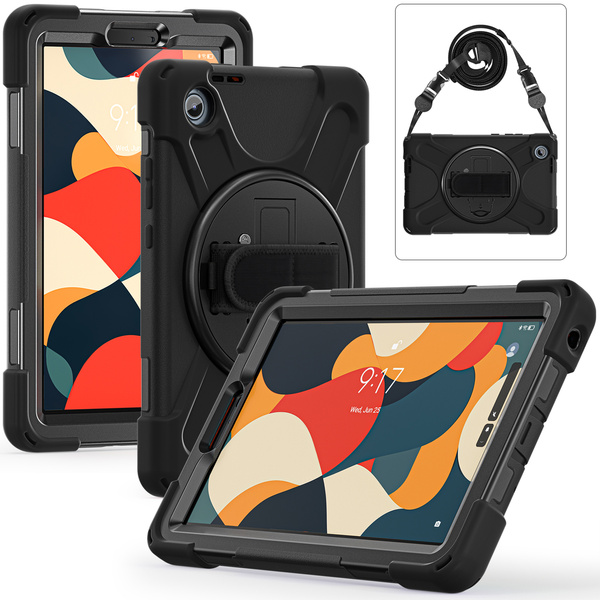Etui pancerne z uchwytem do Lenovo Tab One 8.7 2025 TB305FU TB305XU z podstawką i paskiem, czarne