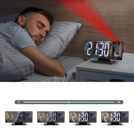 Elektroniczny Zegar LED cyfrowy z projektorem budzik termometr lustro 4w1, czarny