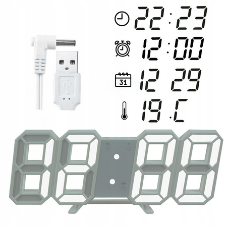4w1 Hodiny digitálny LED 3D nástenný stojaci budík teplomer dátum budík, biely