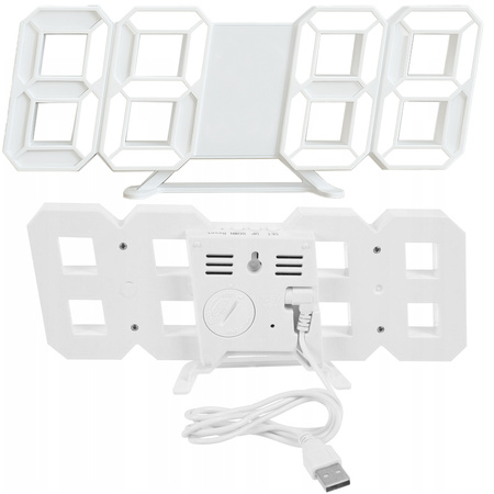 4w1 Hodiny digitálny LED 3D nástenný stojaci budík teplomer dátum budík, biely