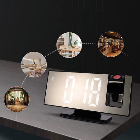 Elektroniczny Zegar LED cyfrowy z projektorem budzik termometr lustro 4w1, czarny
