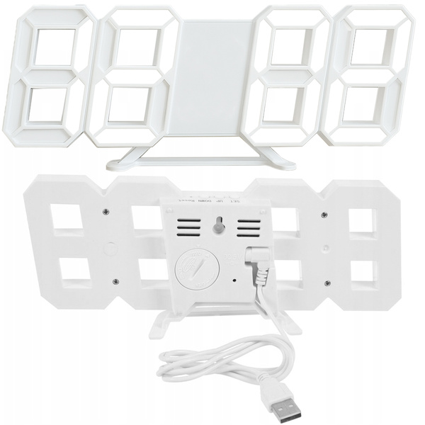 4w1 Hodiny digitálny LED 3D nástenný stojaci budík teplomer dátum budík, biely