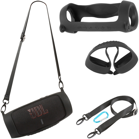 Etui silikonowe z regulowanym paskiem+ karabińczyk na głośnik JBL Charge 5, czarne