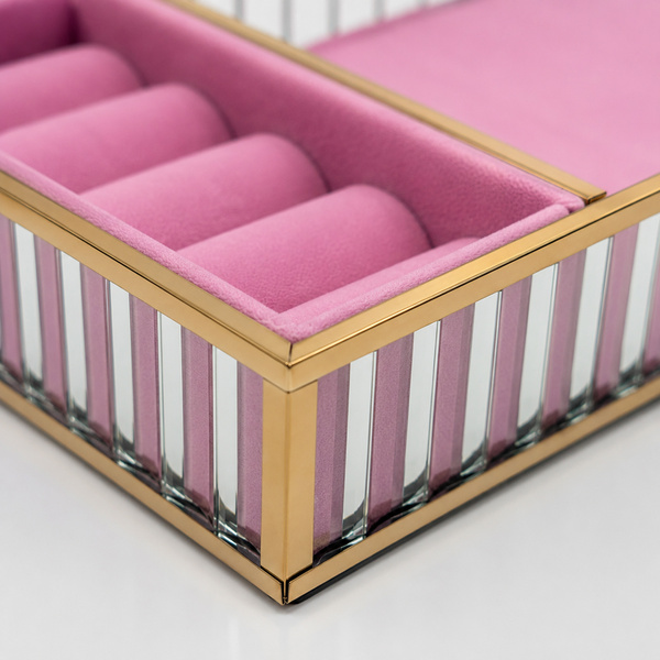 Szklana szkatułka na biżuterię 26x13x4cm organizer pudełko welurowa różowa