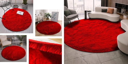 Dywan okrągły Shaggy antypoślizgowy nowoczesny salon miękki pluszowy 90x90, czerwony