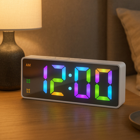 Budzik zegar elektroniczny cyfrowy LED 24h głośny alarm drzemka temp, biały