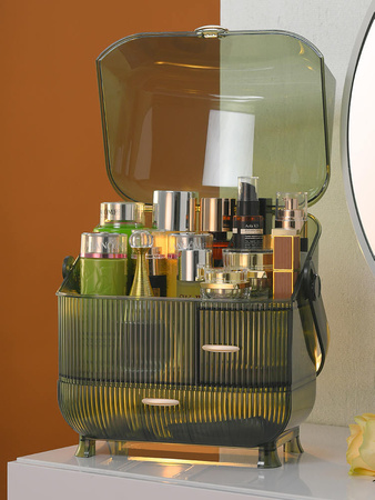 Multilevel green casket organizer Strado for cosmetics and jewelry capacious lockable acrylic trunk