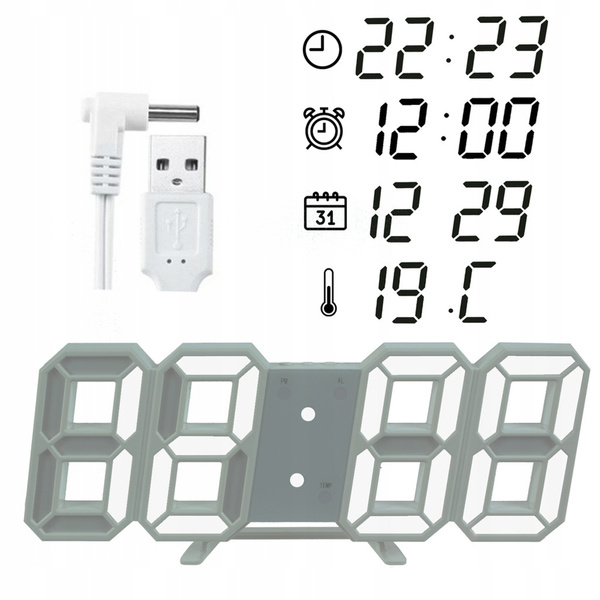 4w1 Hodiny digitálny LED 3D nástenný stojaci budík teplomer dátum budík, biely